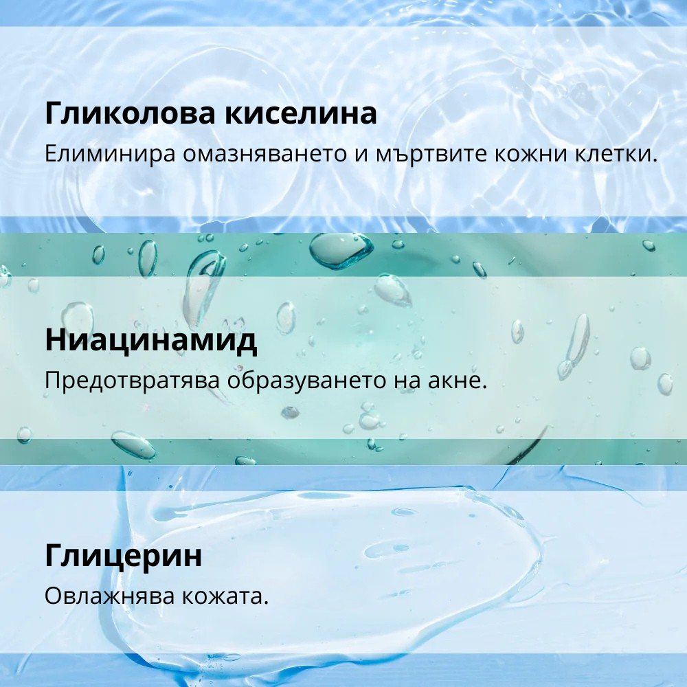ТОНИК ЗА ПОЧИСТВАНЕ И СТЯГАНЕ НА ПОРИТЕ с Ниацинамид, Салицилова киселина, Гликолова киселина и екстракт от Лайка - 200ml