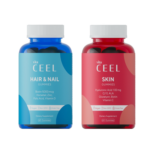 СЕТ ВЕГАН ЖЕЛИРАНИ ВИТАМИНИ С ГРИЖА ЗА КОСАТА И НОКТИТЕ + КОЖА