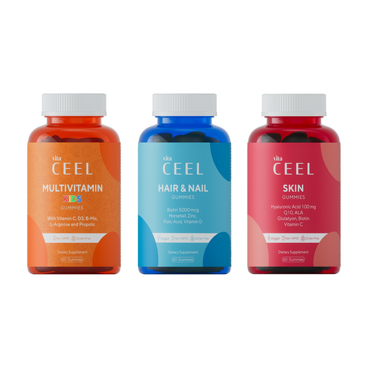 СЕТ ВЕГАН ЖЕЛИРАНИ ВИТАМИНИ МУЛТИВИТАМИН + КОСА И НОКТИ + КОЖА