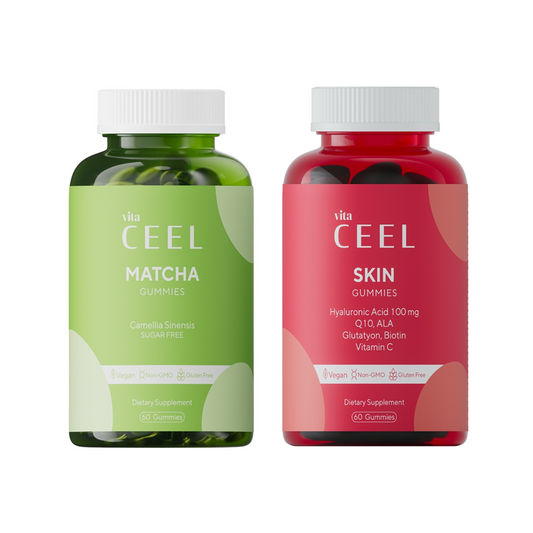 СЕТ ВЕГАН ЖЕЛИРАНИ ВИТАМИНИ ЗА СИЯЙНА КОЖА + МАТЧА