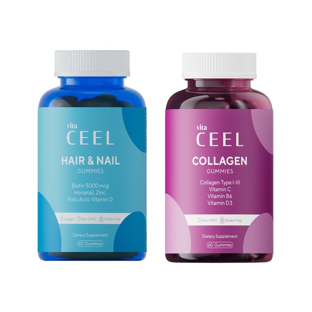 СЕТ ВЕГАН ЖЕЛИРАНИ ВИТАМИНИ С ГРИЖА ЗА КОСАТА И НОКТИТЕ + КОЛАГЕН