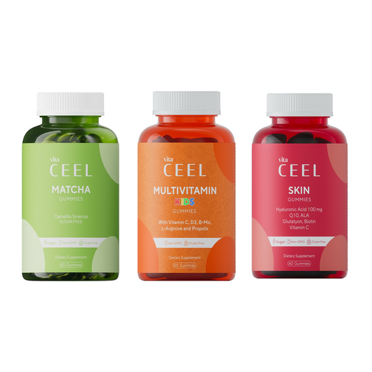 СЕТ ВЕГАН ЖЕЛИРАНИ ВИТАМИНИ МАТЧА + МУЛТИВИТАМИН + КОЖА