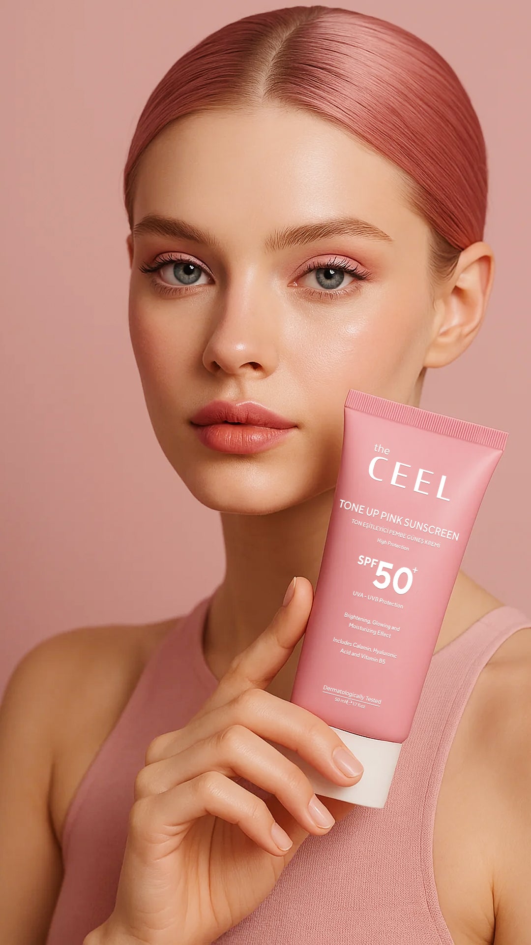 ОЗАРЯВАЩ СЛЪНЦЕЗАЩИТЕН КРЕМ ЗА ЛИЦЕ С РОЗОВ ТОН SPF50+ с Розов Каламин, Глутатион, Хиалуронова киселина и Пантенол - 50ml